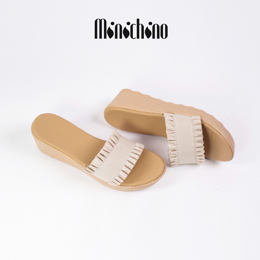 Dép nữ đế xuồng cao 5cm MINICHINO đế xốp chống trơn trượt, quai vải hở mũi màu đen TC028