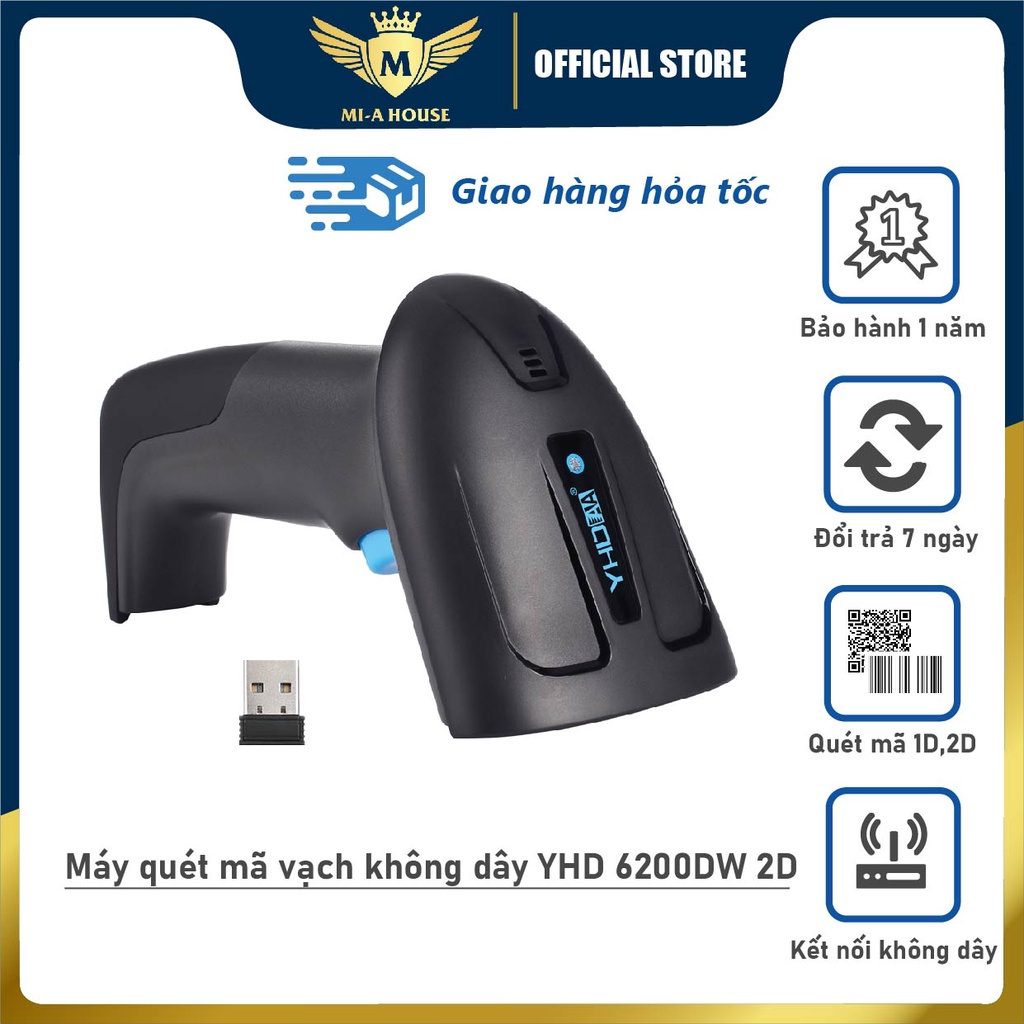 Máy bắn mã vạch không dây YHD 6200DW 2D, Máy quét mã vạch Barcode(1D) Qrcode(2D), Đầu đọc mã vạch dùng trên Laptop, PC