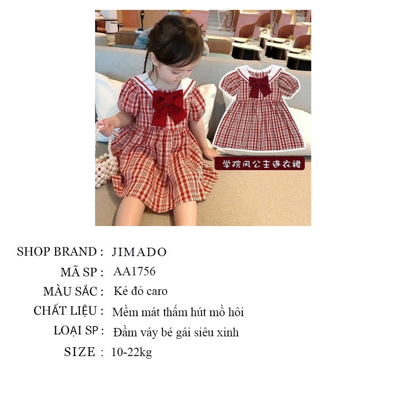 Váy đầm cho bé gái kẻ caro thắt nơ dễ thương chất thô mềm điệu đà xinh xắn cho bé yêu JIMADO AA1756
