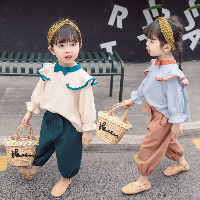 Trang phục IQ ANGEL 2 mảnh gồm áo sơ mi có cổ thời trang phương Tây 2022 ngọt ngào mới cho bé gái