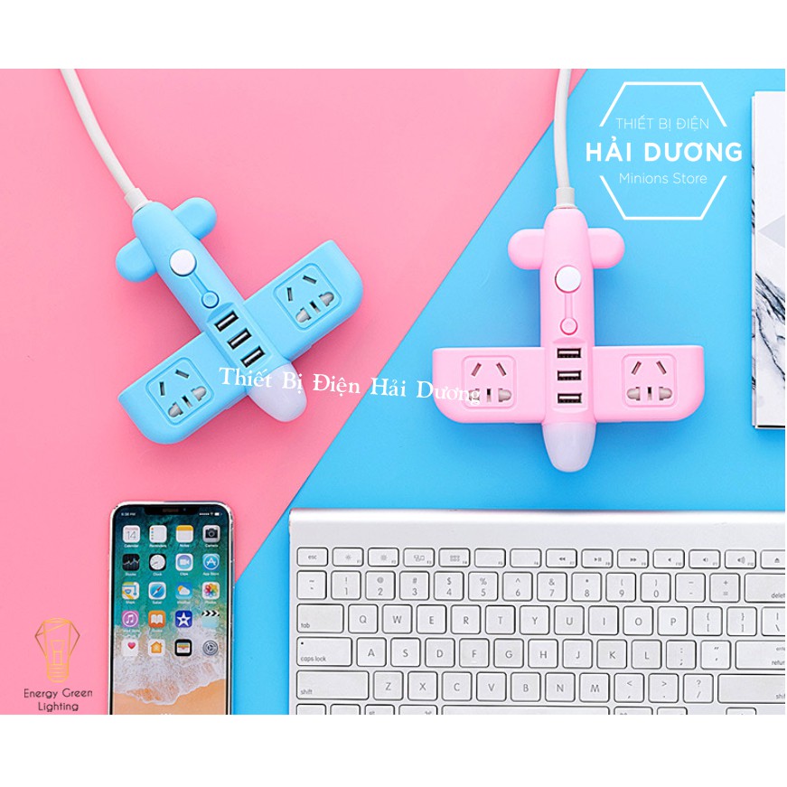 Ổ Cắm Điện Thông Minh Hình Máy Bay Có Đèn Ngủ Chuyển Đổi Đa Chức Năng - Có Đầu Cắm USB - Tặng kèm phích chuyển 3 chân