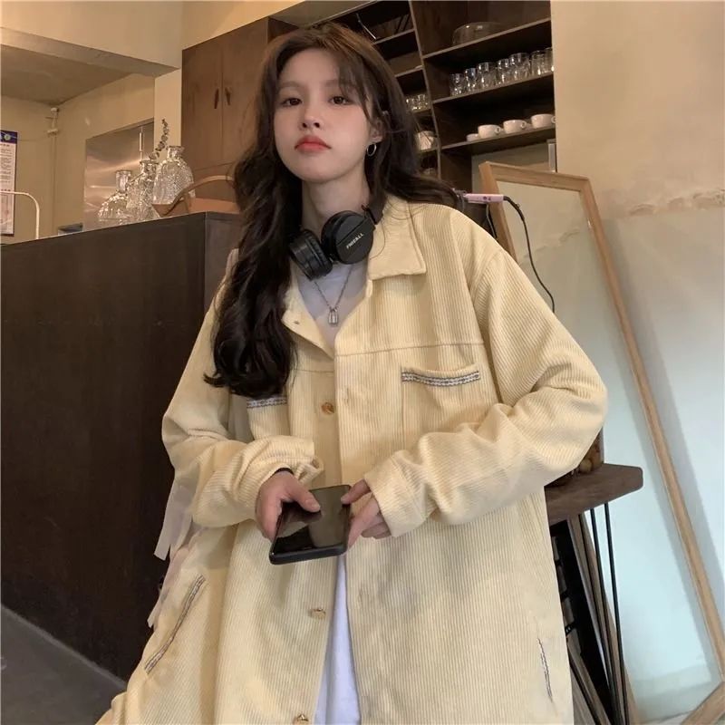 Áo Khoác Nhung Kẻ Màu Vàng Sữa Phong Cách Retro Pháp Dành Cho Nữ
