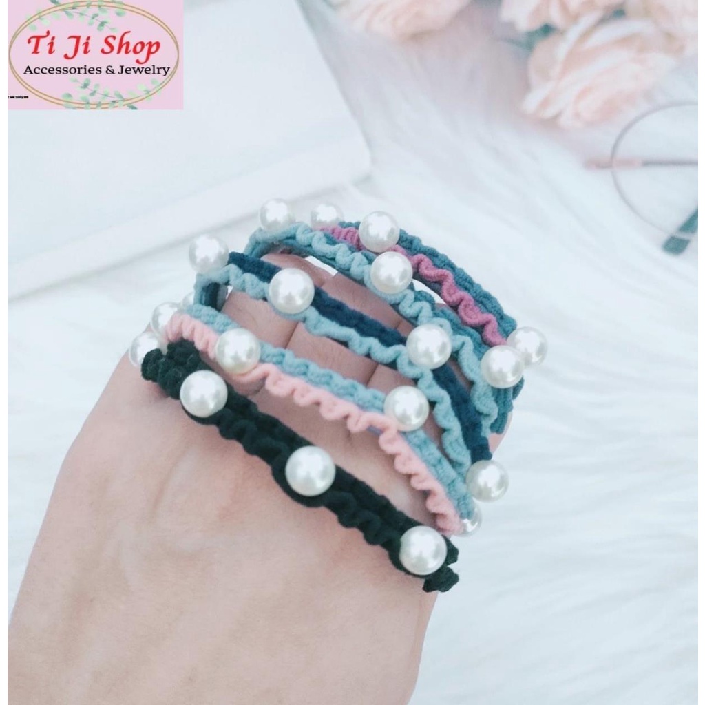 Dây Cột Tóc Thun Xếp Ly Đính Ngọc Trai Nhân Tạo Nhiều Màu Phong Cách Hàn Quốc Cho Nữ