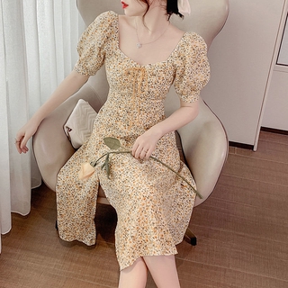 Gentle Wind Square Neck One Shoulder Puffy Sleeveless Floral Dress