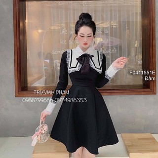 Đầm xòe nhung đen ngực phối viền pha ren cổ bẻ đính nơ tay dài!