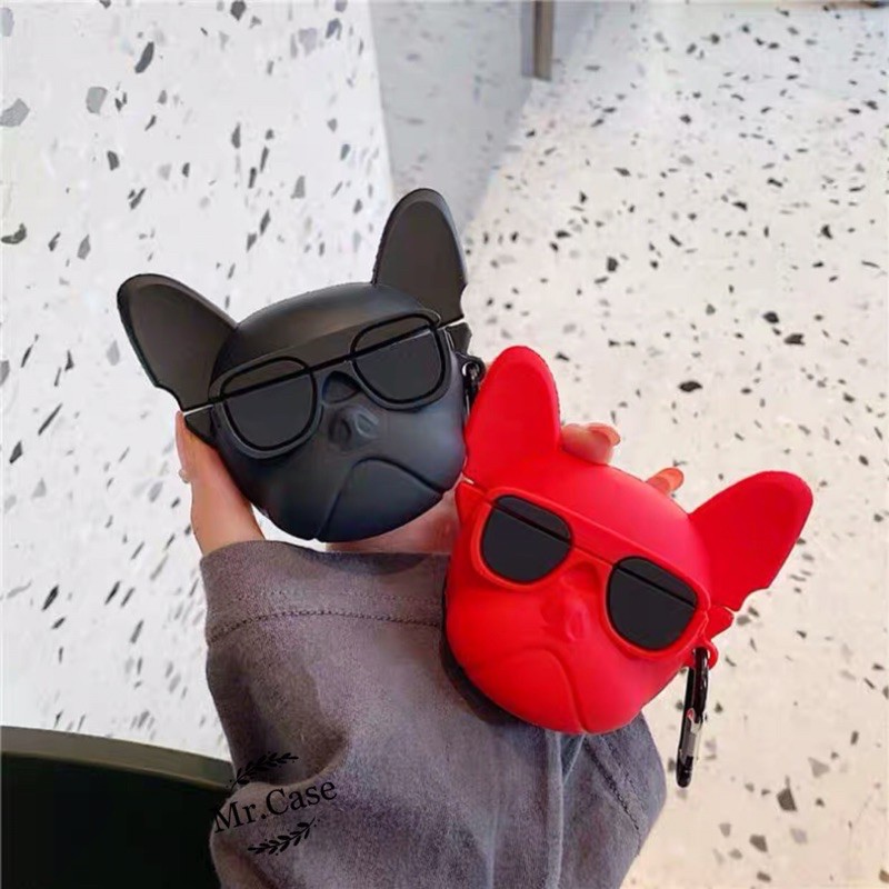 Case Airpods 1/2 Pro Vỏ Ốp Đựng Tai Nghe Silicon Dẻo Hình Chú Chó Đeo kính Đen - Mr.Case