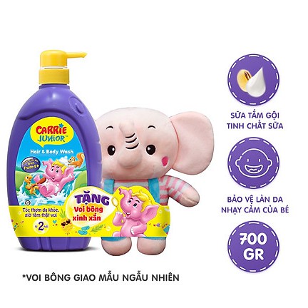 Carrie Junior Tắm gội cho bé tinh chất sữa 700ml tặng Voi bông