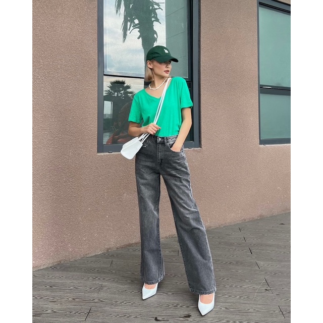 Quần jeans nữ MIEU xám dáng suông lưng mài rách - JA21