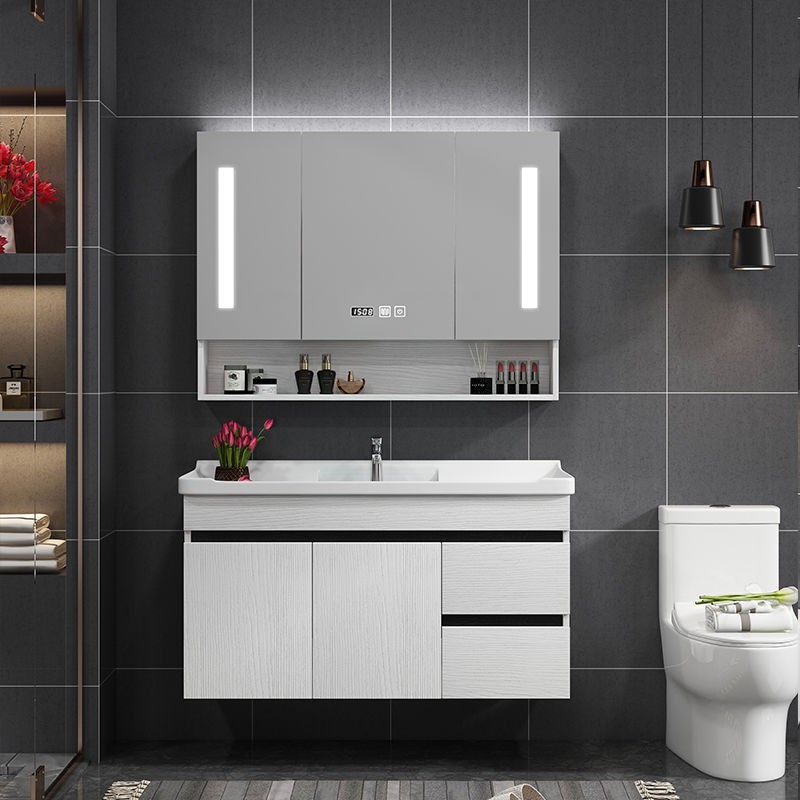 Bắc Âu thông minh kết hợp tủ phòng tắm bằng gỗ rắn căn hộ nhỏ treo tường chậu rửa tay gương <