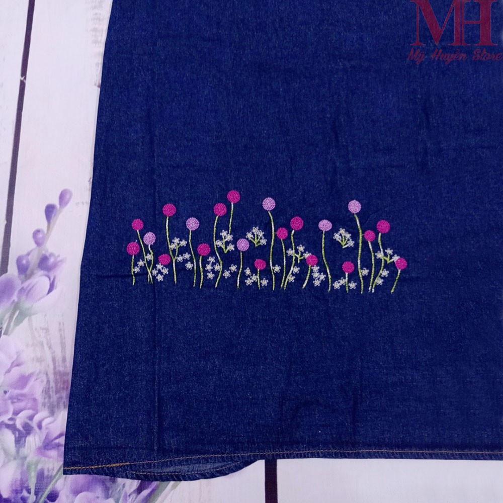 Váy Chống Nắng Xòe Jean Thêu Hoa Trinh Nữ Tím Vải Đẹp Chống Nắng, Chống Nóng Cực Tốt Có 3 Nút Bấm Kim Loại