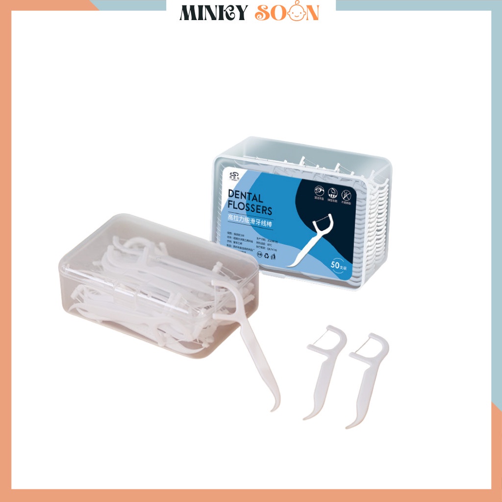 Tăm chỉ nha khoa hộp 50 cái tiệt trùng an toàn chất lượng cao bảo vệ răng nướu. MINKY SOON