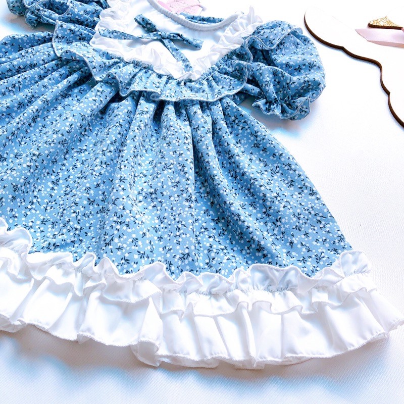 Váy tiểu thư bèo lụa hoa nhí xanh cho bé (4-30kg)