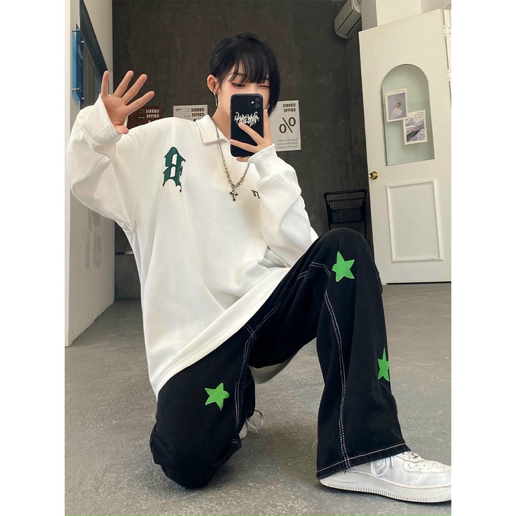 Áo Polo Dài Tay Cổ Bẻ Nam Nữ Unisex Dáng Rộng Oversize Chữ B In Hình Ngục Hình Lưng