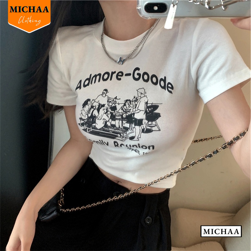 Áo Croptop Ôm Body Nữ ADMORE-GOODE Cổ Tròn Tay Ngắn, Áo Thun Croptop Kiểu In Họa Tiết - MICHAA CR90