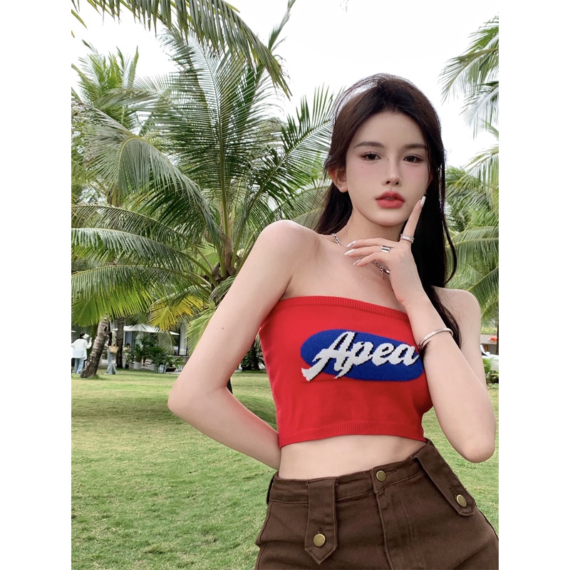 Áo ống kumikumi đan len in logo phong cách Âu Mỹ thời trang cho nữ