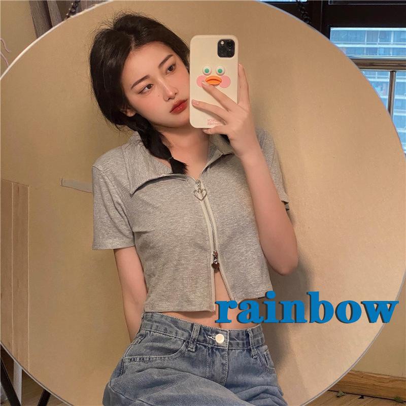 Áo Croptop Dệt Kim Tay Ngắn Dáng Rộng Màu Sắc Cầu Vồng Phối Khóa Kéo Thời Trang Cho Nữ | BigBuy360 - bigbuy360.vn