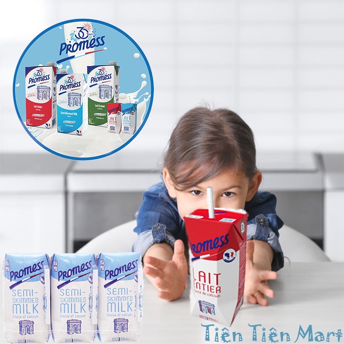 Thùng 24 Hộp 200ml Sữa Tươi Nguyên Kem - Ít Béo Không Đường PROMESS Nhập Khẩu Pháp.