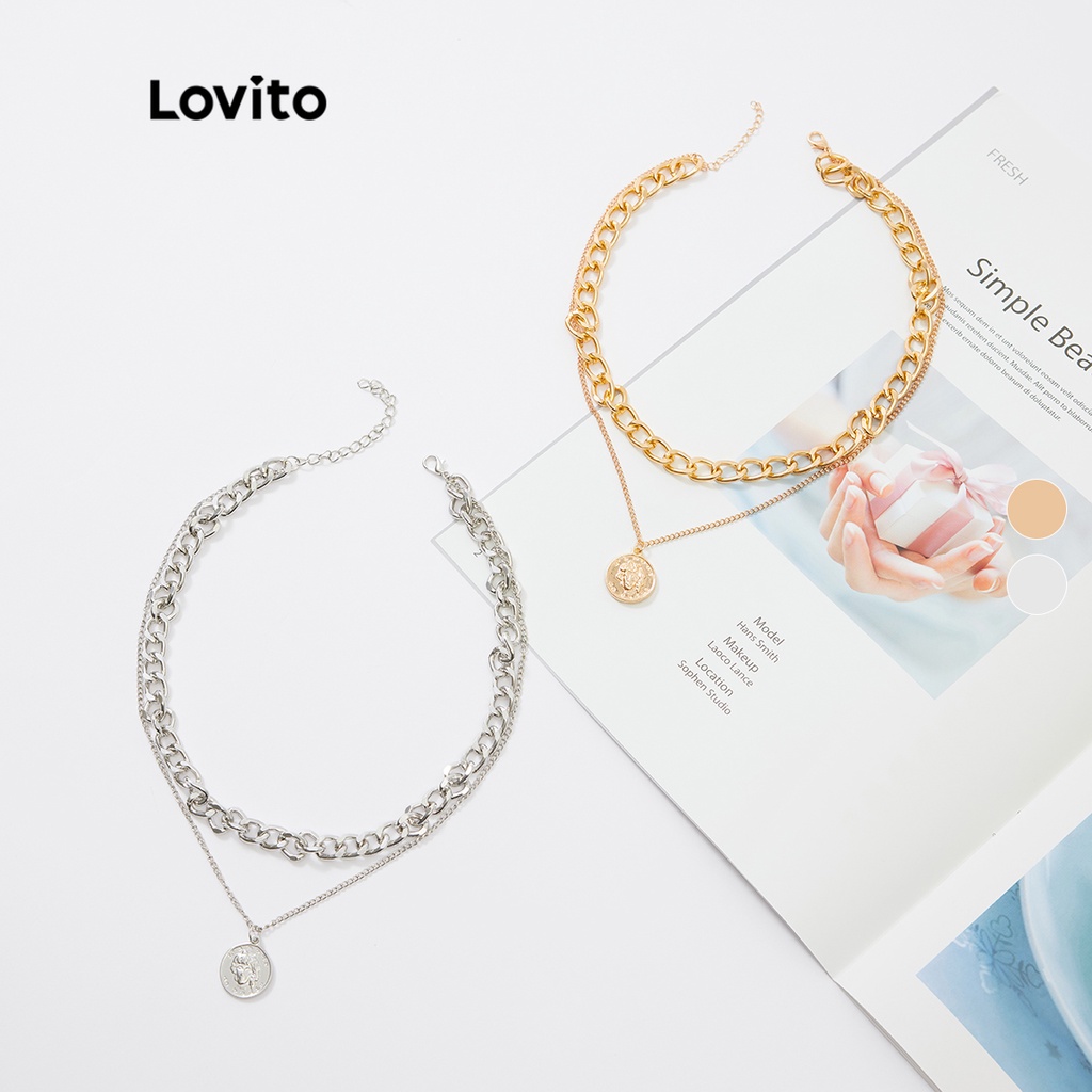 Dây chuyền Lovito nhiều lớp bằng kim loại màu trơn phong cách thường ngày L233L214 (màu vàng/ bạc)