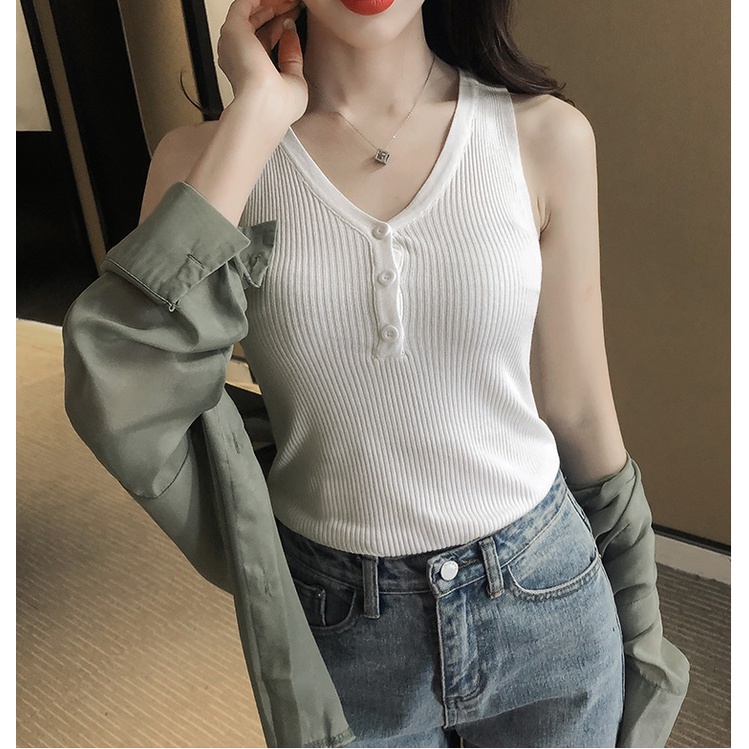 8 màu sắc thoải mái cho phụ nữ áo tank top dệt kim lụa viền áo cổ chữ V | BigBuy360 - bigbuy360.vn