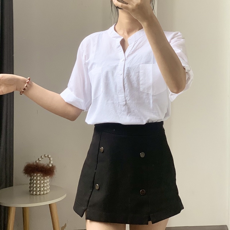 Áo sơ mi nữ cổ tàu form rộng tay lỡ kiểu Hàn nhiều màu trẻ trung phong cách