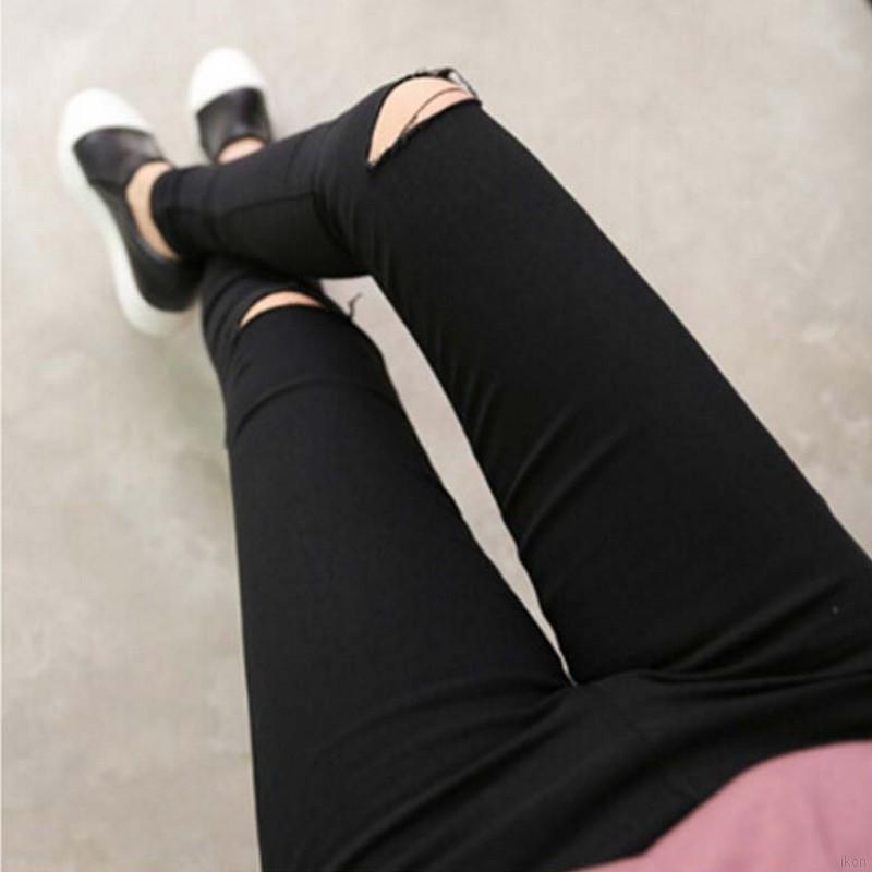 Quần khaki thun dài dáng ôm co giãn kiểu rách gối cho nữ