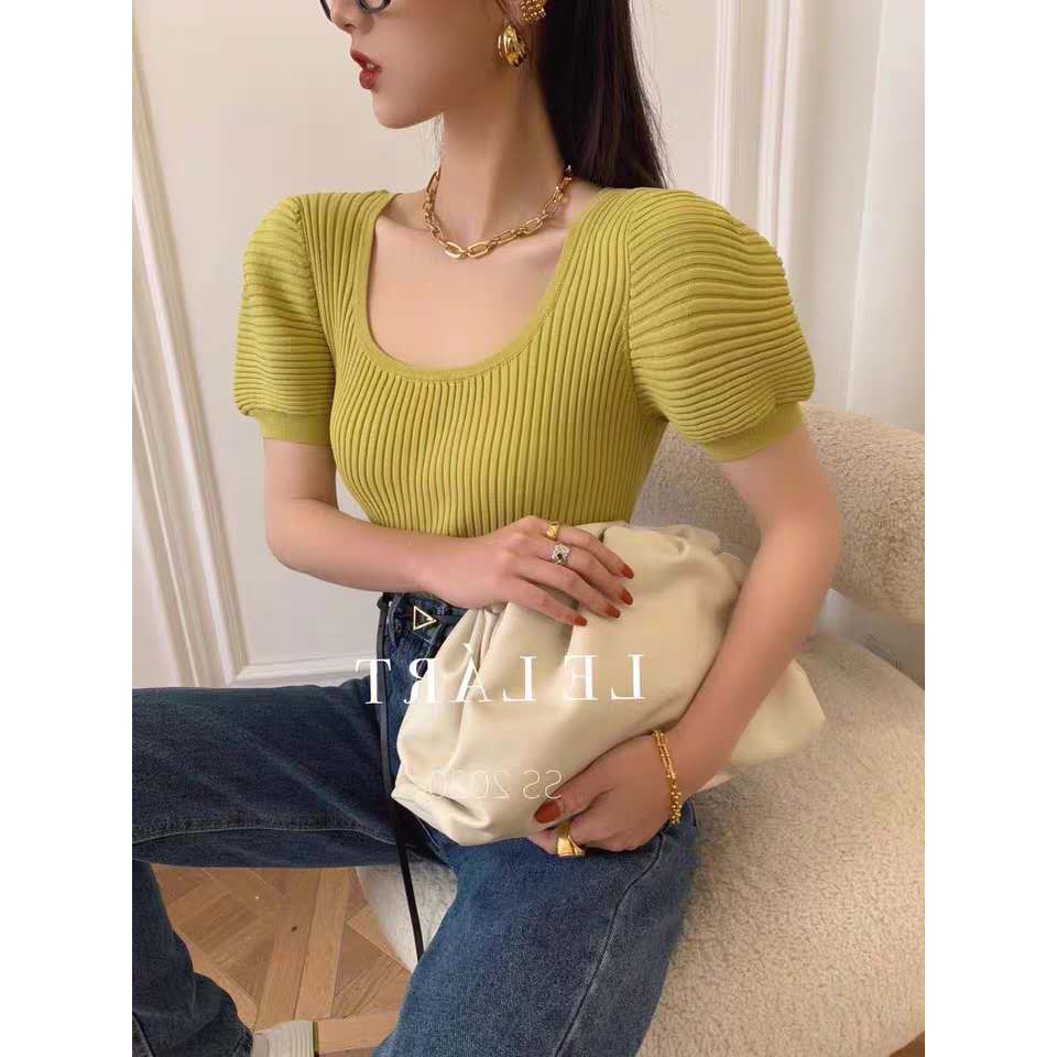 Áo croptop dệt kim cổ chữ U phối tay áo phồng thời trang cho nữ | BigBuy360 - bigbuy360.vn