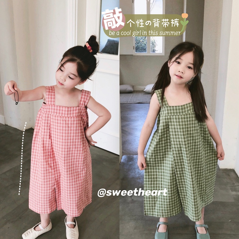 Se7en Bộ Áo Liền Quần Ống Rộng Họa Tiết Sọc Caro Phong Cách Hàn Quốc Thời Trang Mùa Hè Cho Bé Gái