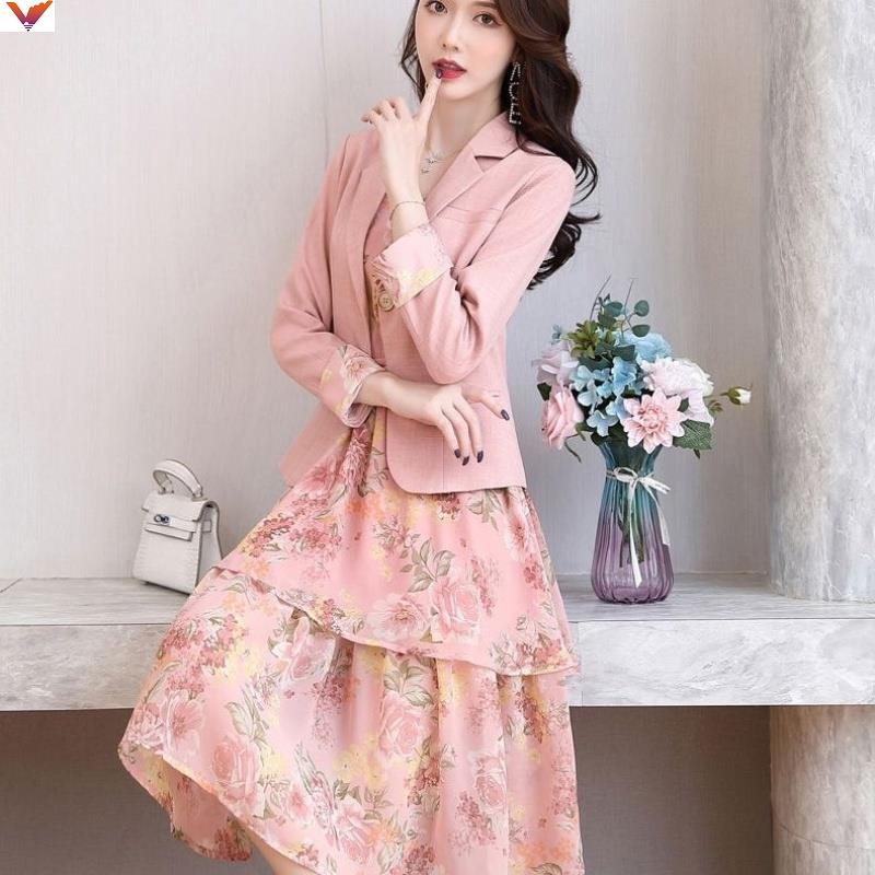 ộ Bị Hỏng Váy Liền Mẫu Mới Hai Dây Âu Phục Hoa Nấu Vải Chiffon Ánh Sáng Hai Hương Vị Công Sở Mùa Xuân Và Mùa Thu Bộ-168