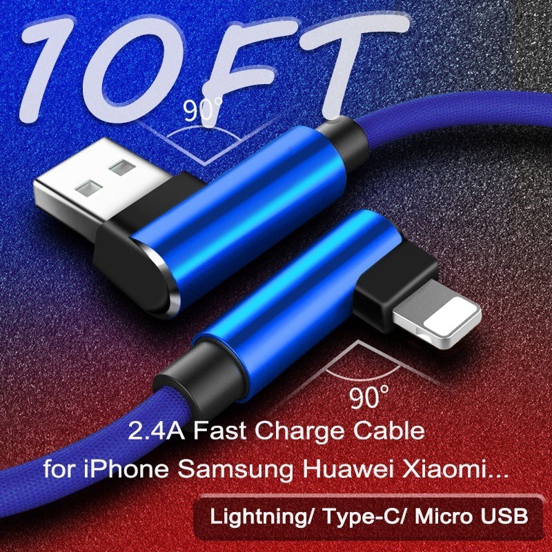 TBTIC Quick Charge Cable Cable 2.4a 90 Degree For Iphone Samsung Android Phone Huawei P30 P20