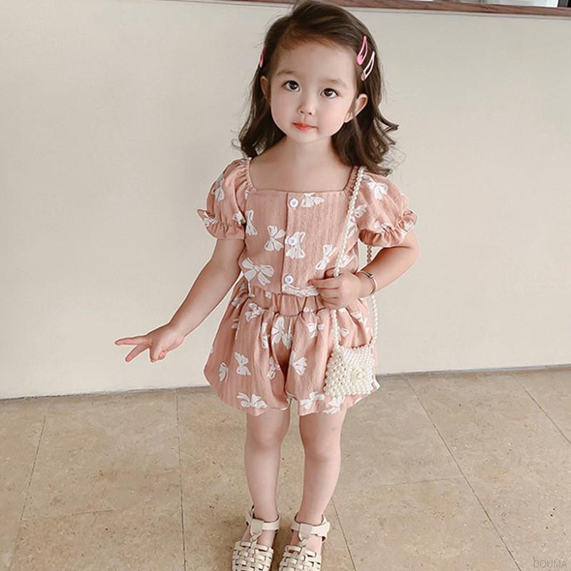 Bộ Áo Cổ Vuông In Họa Tiết + Quần Short Thời Trang Mùa Hè Hàn Quốc Cho Bé Gái