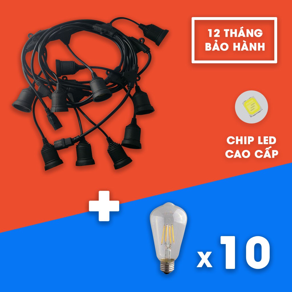 - Bộ đui đèn 5m dây + 10 đui trang trí ngoài trời kèm bóng Edison ST64 AS trắng [TẶNG 1 BÓNG ĐỔI MÀU]