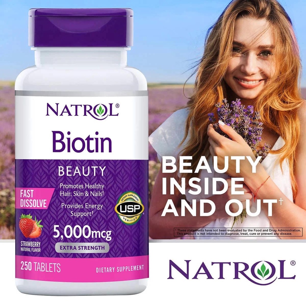 Viên ngậm hương dâu natrol biotin beauty 5000mcg Extra Strength 250 viên quatangme