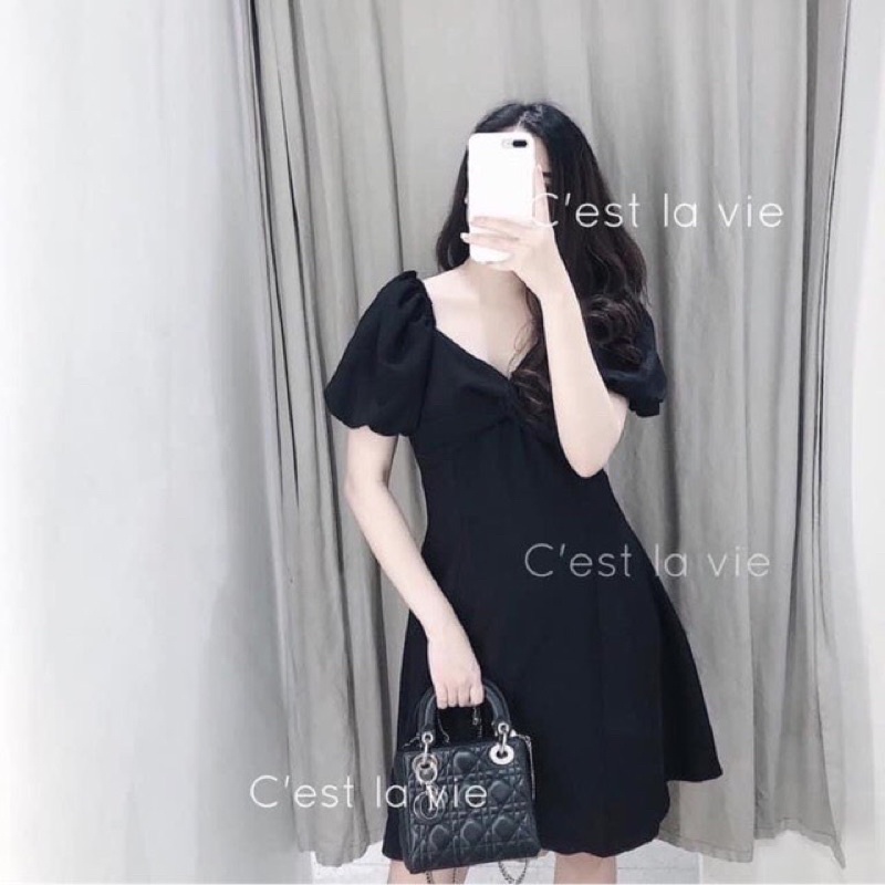 ẢNH THẬT 🌿Váy đen xoắn ngực tay bồng🌿