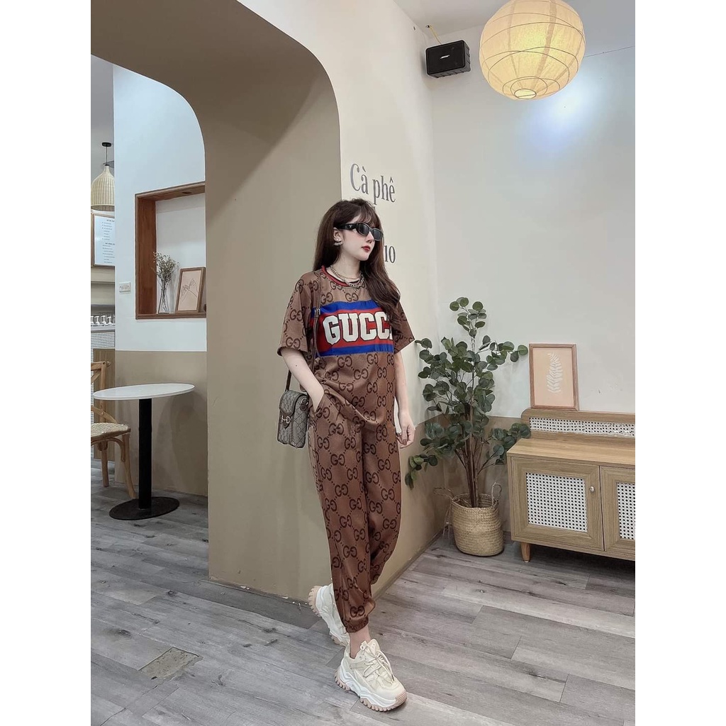 Đồ bộ thun dài form rộng họa tiết in 3D màu nâu