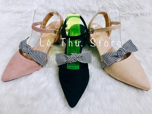 Giày cao gót 5 phân bít mũi nơ caro hở gót LT (BM020)
