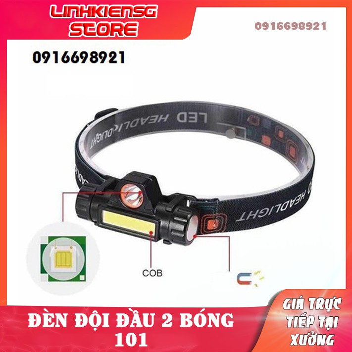 Đèn đội đầu 2 Bóng 101 Siêu sáng Pin Sạc Usb tiện lợi nhỏ gọn