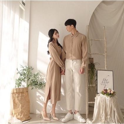 Đồ đôi nam nữ 🎀FREESHIP🎀  Set áo váy sơ mi Hàn Quốc dáng dài cổ vuông buộc eo màu hồng VSM COUPLE AV73 (có ảnh thật)