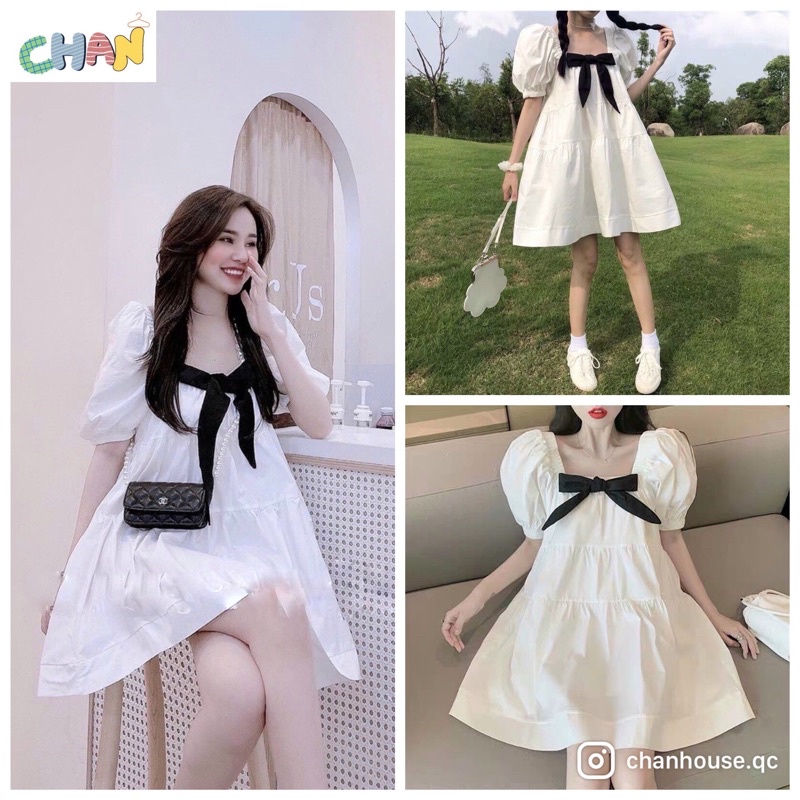 Váy Babydoll Màu Trắng Nơ Cổ Cực Xinh, Đầm Xoè Nữ Tiểu Thư Ngây Thơ