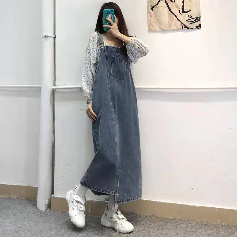 Jiashucheng Váy Yếm Denim Xẻ Tà Dáng Rộng Thời Trang Retro Xinh Xắn Cho Nữ