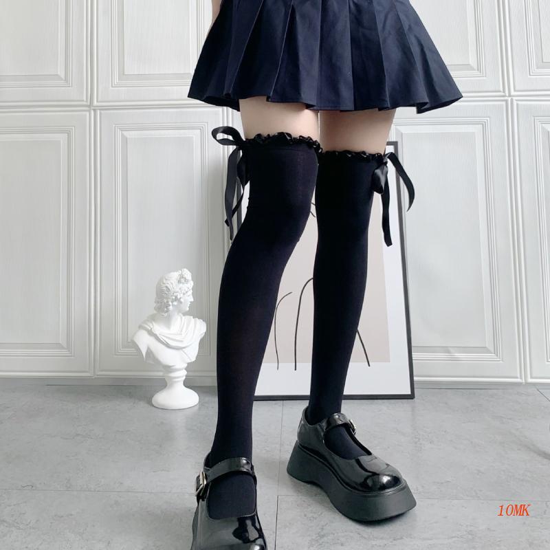 Vớ Dài Qua Gối Vải Satin Phối Ruy Băng Đính Nơ Phong Cách Nhật Bản 10MK