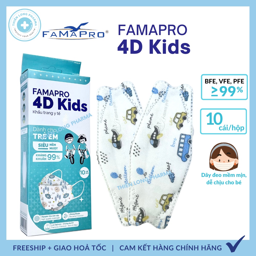 [Hộp 10 cái] Khẩu trang trẻ em KF94 4D Famapro hoạ tiết dễ thương dành cho bé 3 đến 10 tuổi