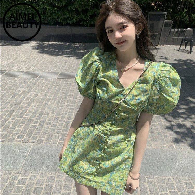 Đầm Tay Phồng Cổ Chữ V In Họa Tiết Hoa Nhí Xinh Xắn Thời Trang Kiểu Pháp