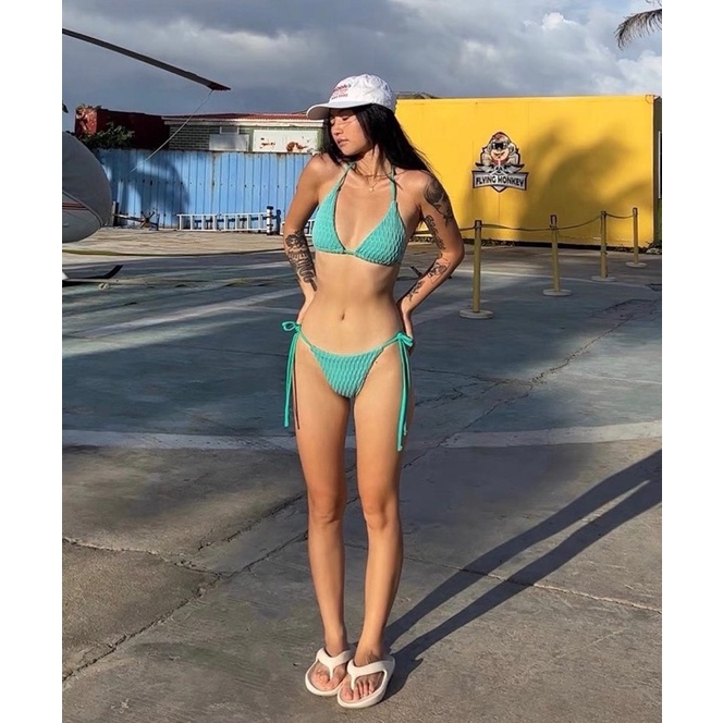 Bikini dáng tam giác thun đáp nhung xanh ngọc 2M0070
