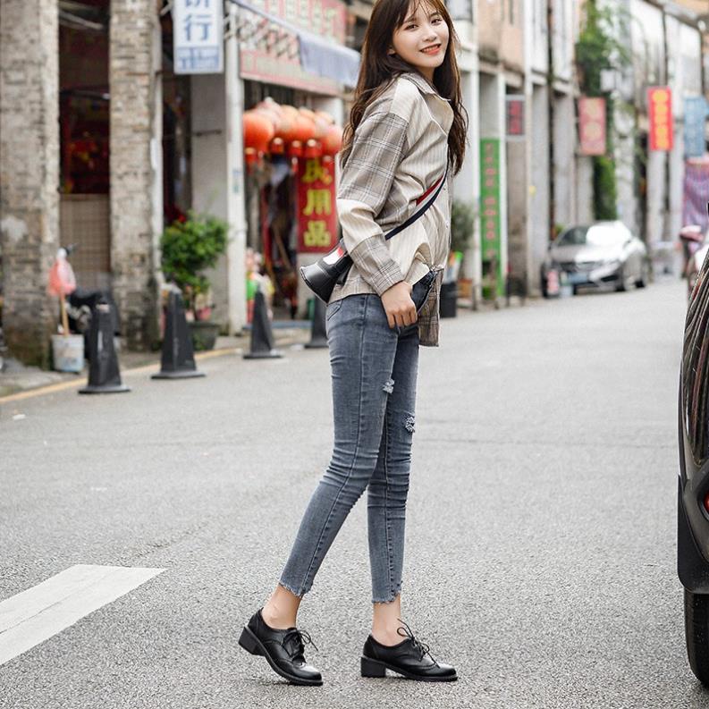 VIP Giày da bóng gót cao 5cm mũi nhọn cột dây phong cách cổ điển cho bạn nữ