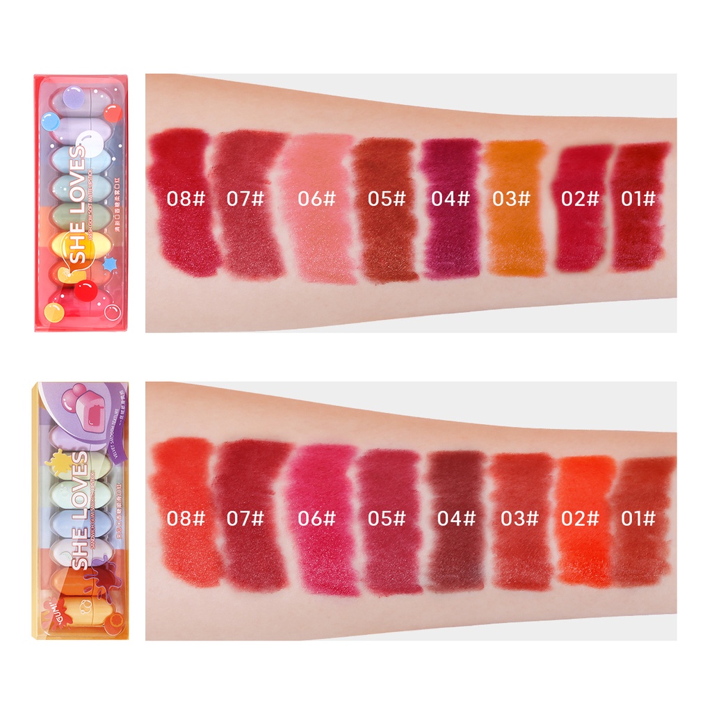 Set 8 Son Môi Mini Lâu Trôi Không Thấm Nước Thiết Kế Hình Viên Kẹo Dễ Thương