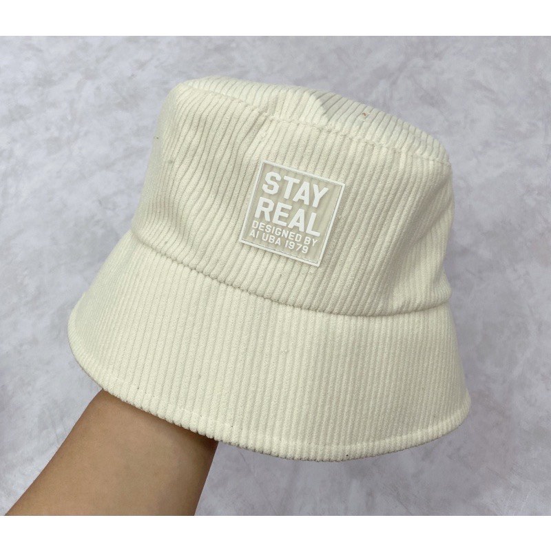 Mũ bucket vành cụp hoạ tiết chữ Stay Real Nón tai bèo thêu chữ chất nhung tăm cao cấp form unisex nam nữ