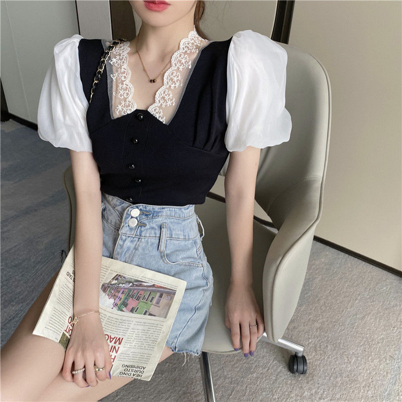 Áo kiểu nữ phối ren dệt kim tay ngắn quyến rũ dạng croptop