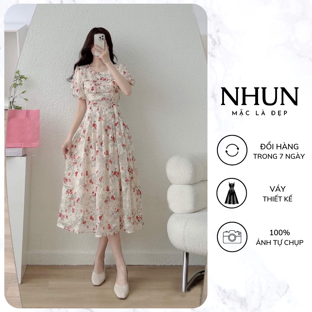 Váy hoa nhí đỏ xếp li hai lớp NhunFashion Đầm dự tiệc xịn xò phong cách tiểu thư đi chơi đi biển tone màu sáng da N7