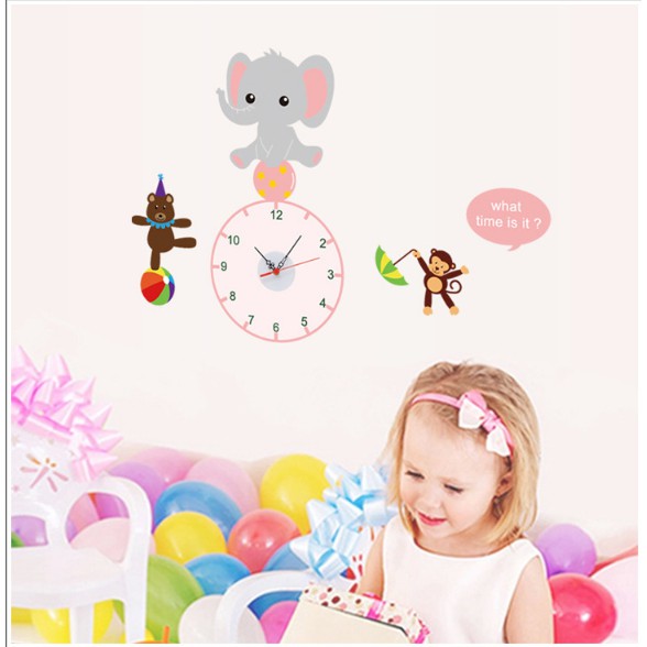Decal Trang Trí Tường Kèm Đồng Hồ Dán Tường Voi Hồng đáng yêu ( Cao Cấp )