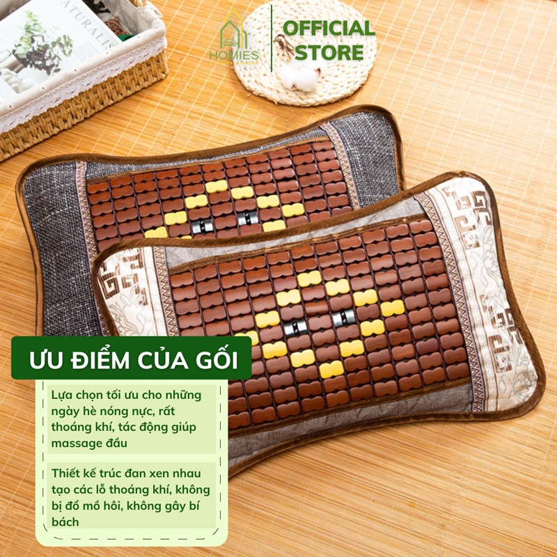 Gối Trúc Hạt HOMIES Bedding &amp; Décor Hạt Tre Trúc Tự Nhiên Hỗ Trợ Giảm Đau Vai Gáy, Thoáng Mát Mùa Hè - Kích Thước 30x50c